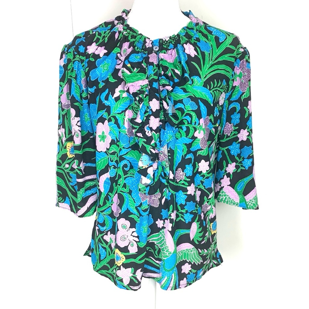 Figue Women M Approx Jade Birdsong Blouse Puff Sleeve Floral Boho Pleated Ruffle